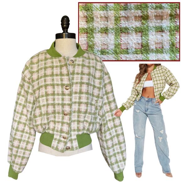 Green Plaid Boucle Bomber Jacket StreetStyle Casual School Fall Winter Spring - Picture 1 of 14